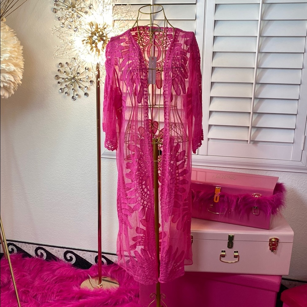 Fuchsia Embroidered Sheer Kimono Duster